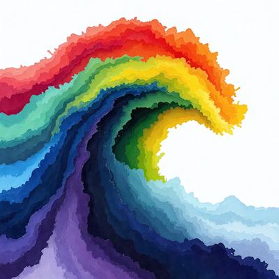 The primary subject of the image is a colorful, abstract wave. The wave is depicted in various shades of blue, purple, and green, creating a visually striking and vibrant scene. The setting is a white background, which allows the wave to stand out prominently. The visual style of the image is a combination of digital art and illustration, giving it a unique and artistic appearance. The overall atmosphere of the image is lively and energetic, with the colorful wave evoking a sense of
